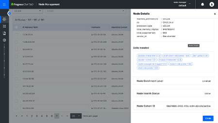 Screenshot of Progress Chef 360 UI with a sidebar titled Node Details